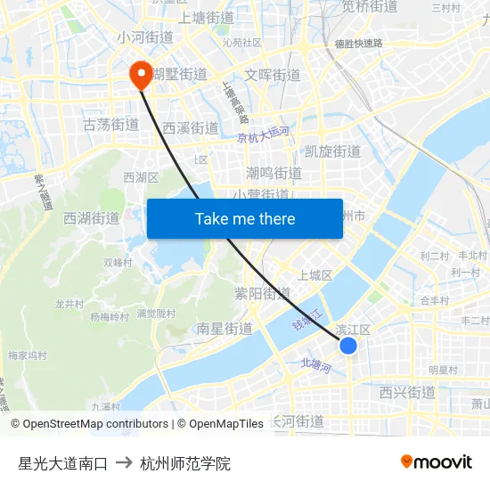 星光大道南口 to 杭州师范学院 map
