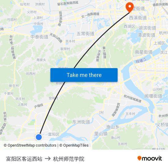 富阳区客运西站 to 杭州师范学院 map