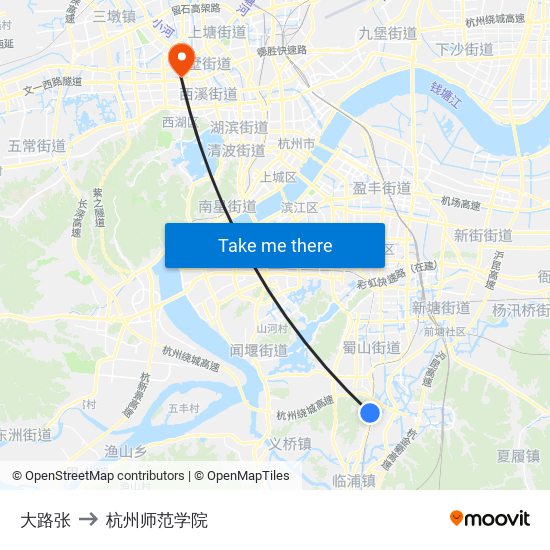 大路张 to 杭州师范学院 map