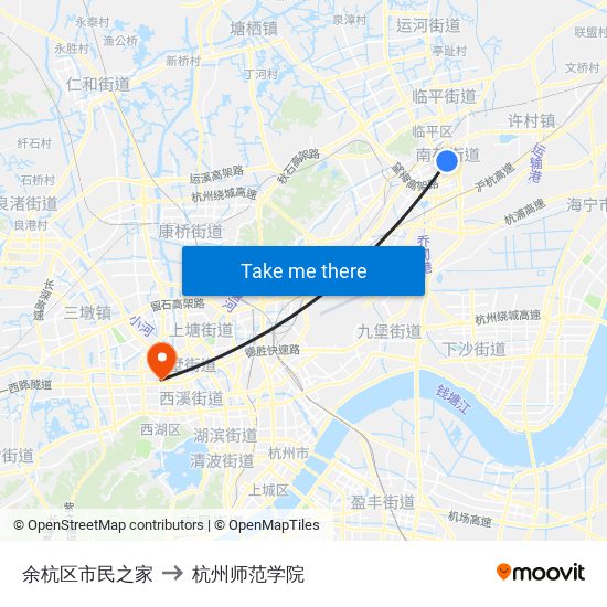 余杭区市民之家 to 杭州师范学院 map