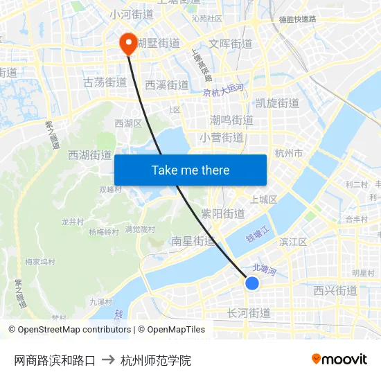 网商路滨和路口 to 杭州师范学院 map