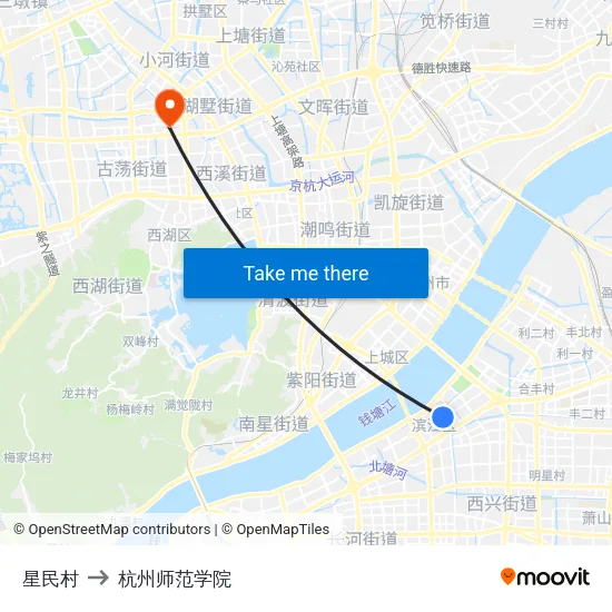 星民村 to 杭州师范学院 map