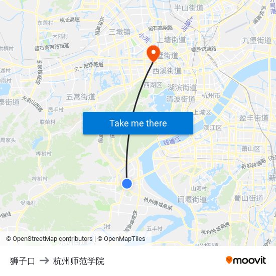 狮子口 to 杭州师范学院 map