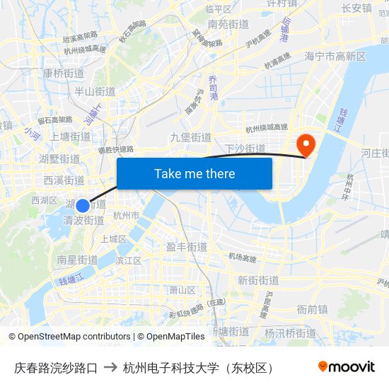 庆春路浣纱路口 to 杭州电子科技大学（东校区） map
