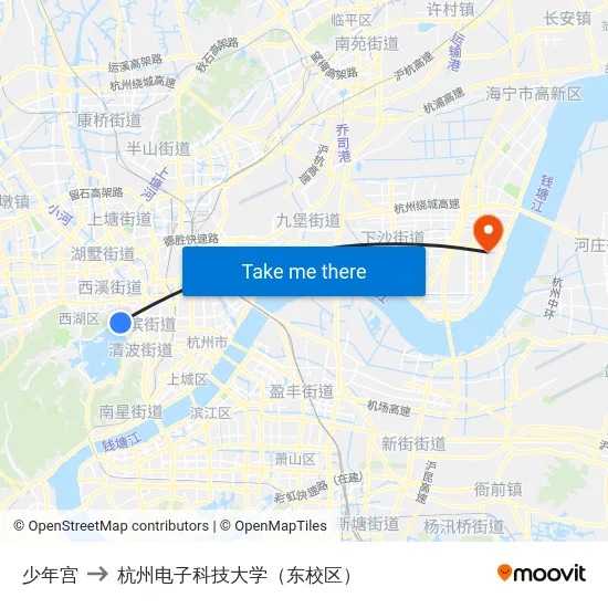 少年宫 to 杭州电子科技大学（东校区） map