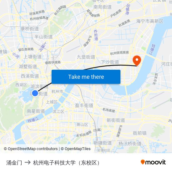 涌金门 to 杭州电子科技大学（东校区） map