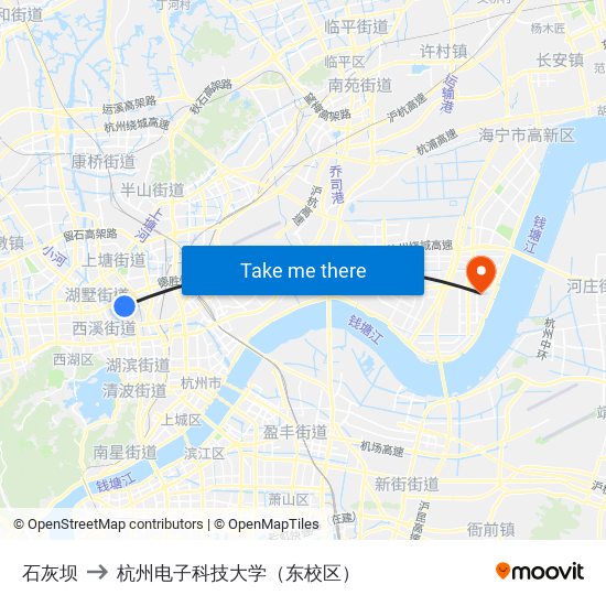 石灰坝 to 杭州电子科技大学（东校区） map
