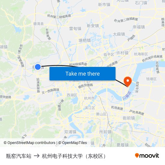 瓶窑汽车站 to 杭州电子科技大学（东校区） map
