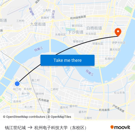 钱江世纪城 to 杭州电子科技大学（东校区） map