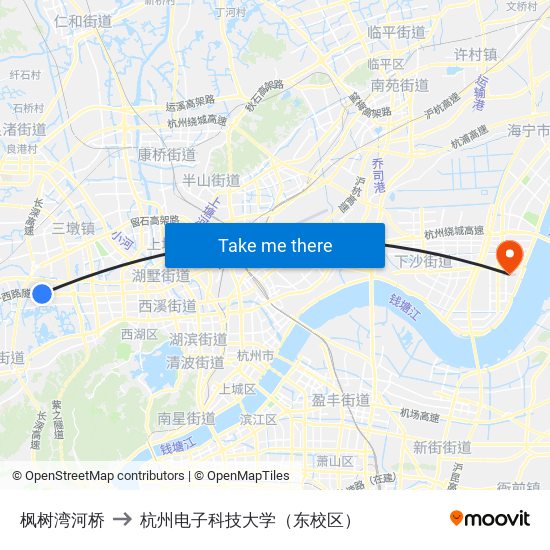 枫树湾河桥 to 杭州电子科技大学（东校区） map