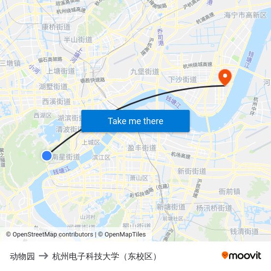 动物园 to 杭州电子科技大学（东校区） map