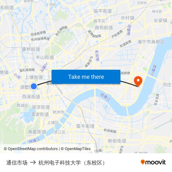通信市场 to 杭州电子科技大学（东校区） map