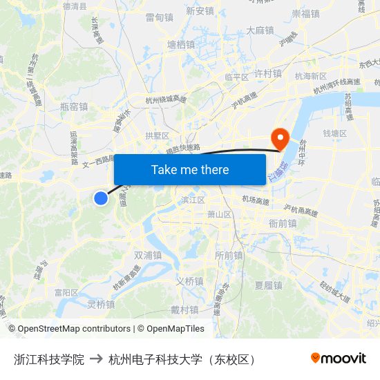 浙江科技学院 to 杭州电子科技大学（东校区） map