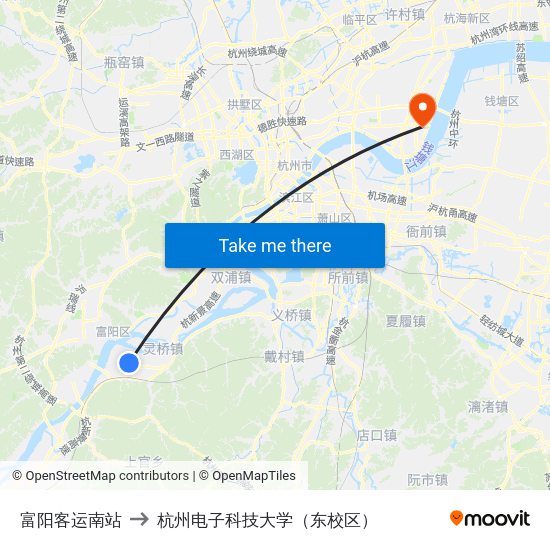 富阳客运南站 to 杭州电子科技大学（东校区） map