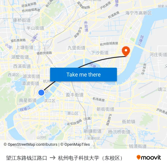 望江东路钱江路口 to 杭州电子科技大学（东校区） map