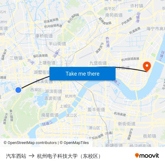 汽车西站 to 杭州电子科技大学（东校区） map