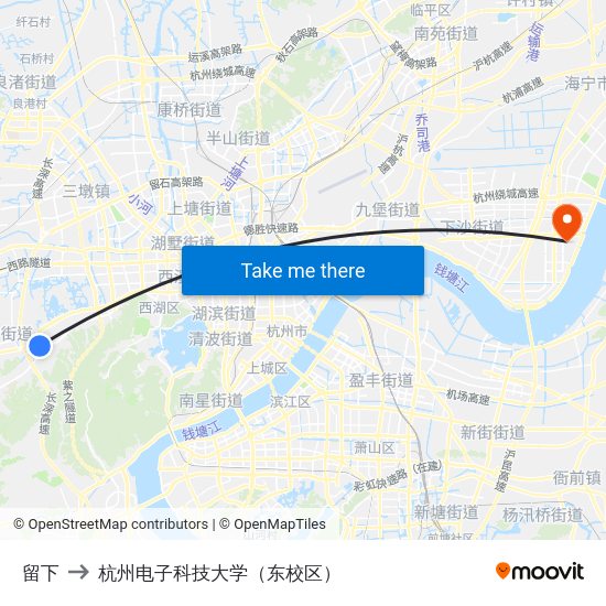 留下 to 杭州电子科技大学（东校区） map