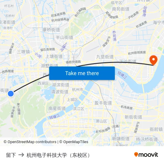 留下 to 杭州电子科技大学（东校区） map