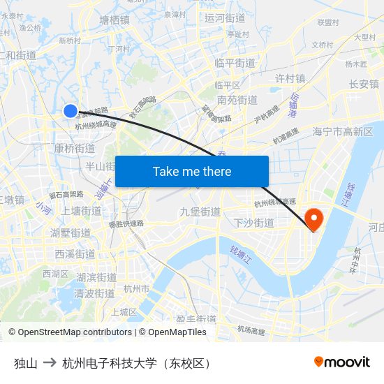 独山 to 杭州电子科技大学（东校区） map