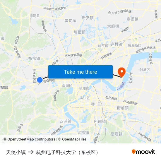 天使小镇 to 杭州电子科技大学（东校区） map
