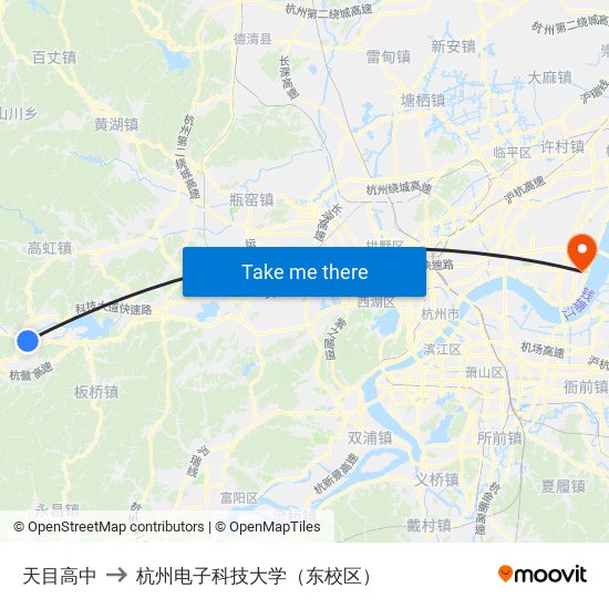 天目高中 to 杭州电子科技大学（东校区） map