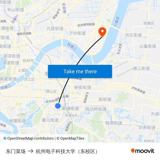 东门菜场 to 杭州电子科技大学（东校区） map