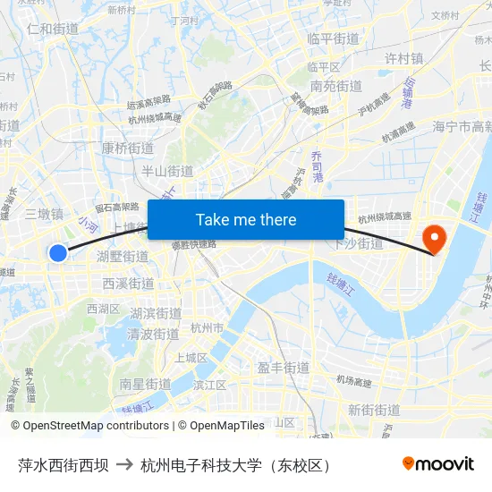 萍水西街西坝 to 杭州电子科技大学（东校区） map
