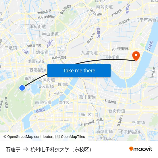 石莲亭 to 杭州电子科技大学（东校区） map