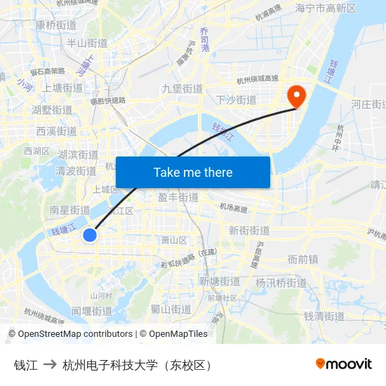 钱江 to 杭州电子科技大学（东校区） map