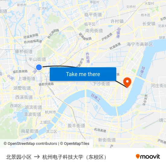 北景园小区 to 杭州电子科技大学（东校区） map