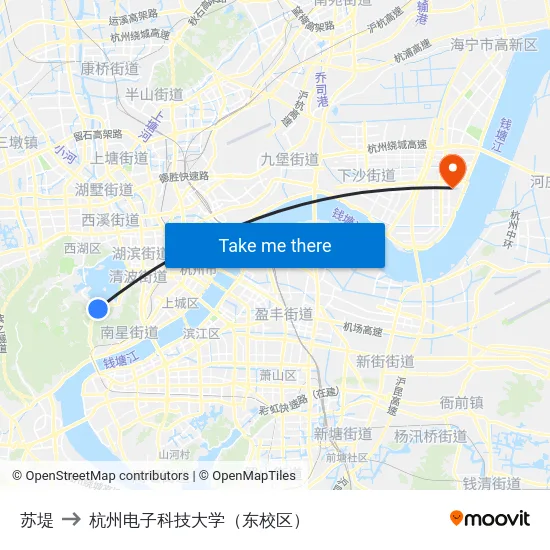苏堤 to 杭州电子科技大学（东校区） map