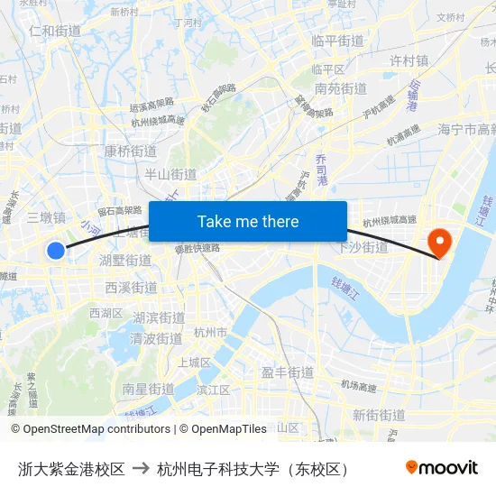 浙大紫金港校区 to 杭州电子科技大学（东校区） map