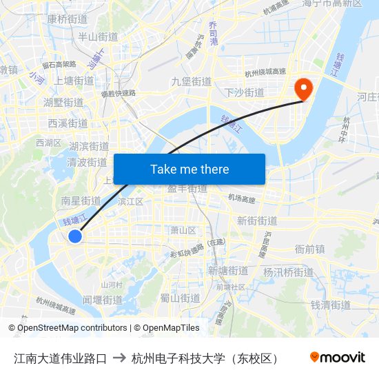 江南大道伟业路口 to 杭州电子科技大学（东校区） map