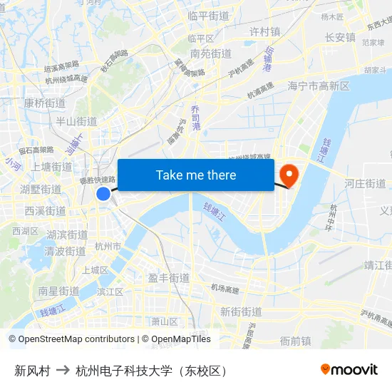新风村 to 杭州电子科技大学（东校区） map