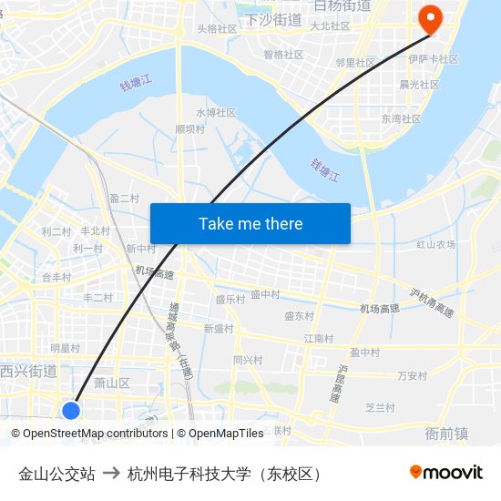 金山公交站 to 杭州电子科技大学（东校区） map