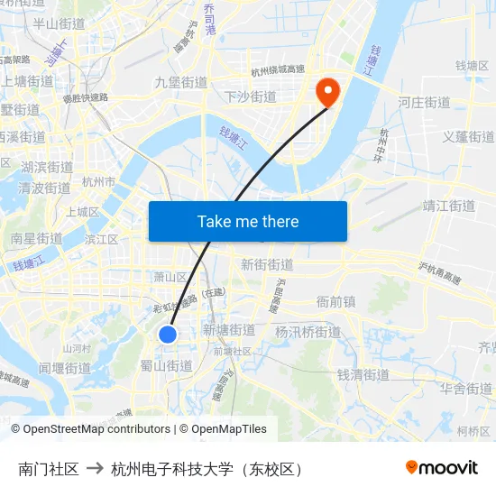 南门社区 to 杭州电子科技大学（东校区） map