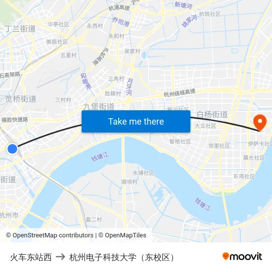 火车东站西 to 杭州电子科技大学（东校区） map