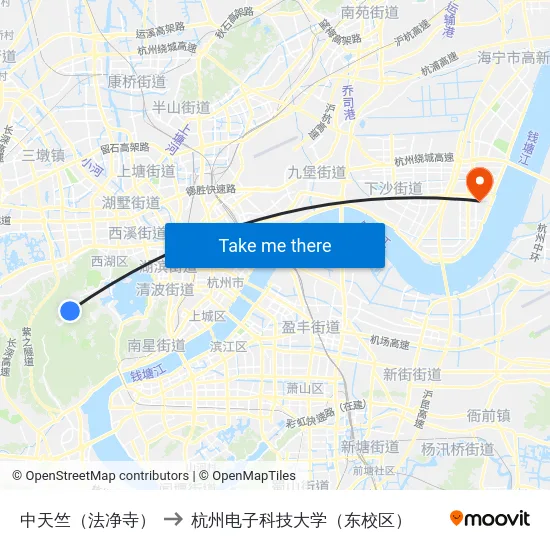 中天竺（法净寺） to 杭州电子科技大学（东校区） map