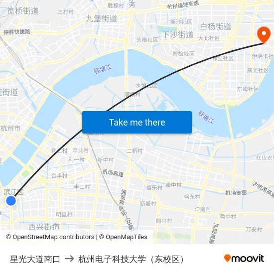 星光大道南口 to 杭州电子科技大学（东校区） map