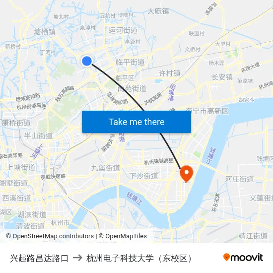 兴起路昌达路口 to 杭州电子科技大学（东校区） map