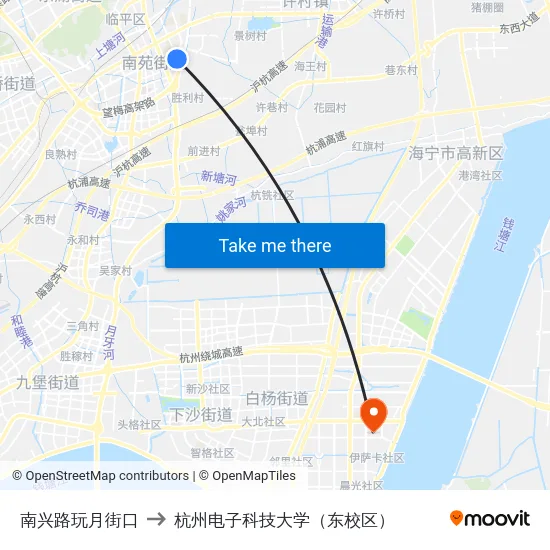 南兴路玩月街口 to 杭州电子科技大学（东校区） map