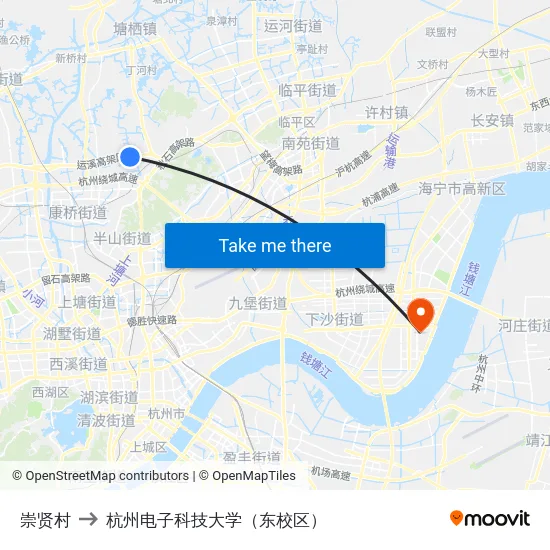 崇贤村 to 杭州电子科技大学（东校区） map