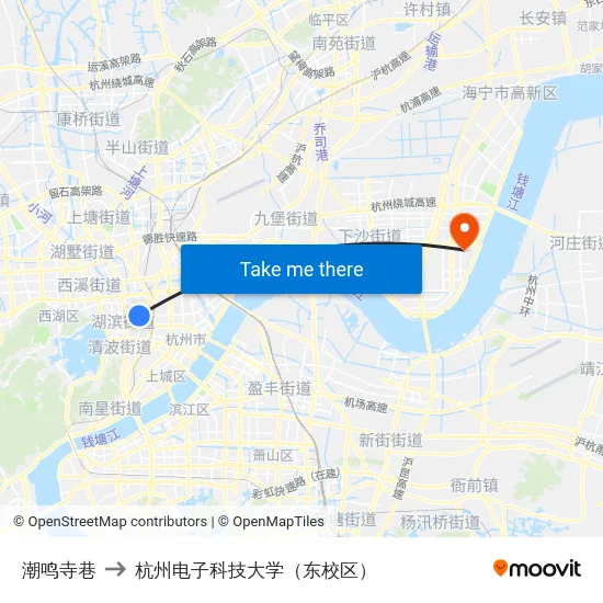 潮鸣寺巷 to 杭州电子科技大学（东校区） map