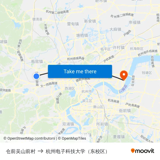 仓前吴山前村 to 杭州电子科技大学（东校区） map