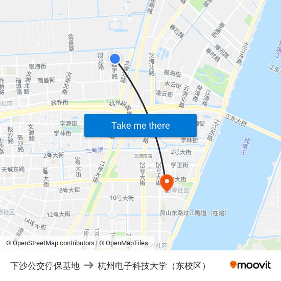 下沙公交停保基地 to 杭州电子科技大学（东校区） map