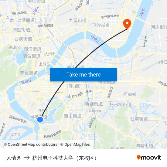 风情园 to 杭州电子科技大学（东校区） map