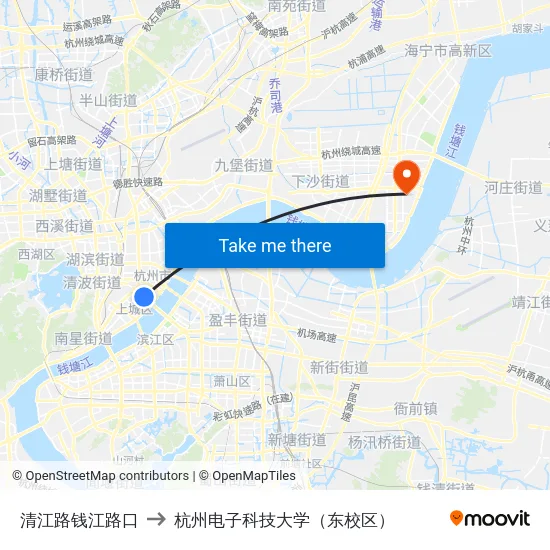 清江路钱江路口 to 杭州电子科技大学（东校区） map