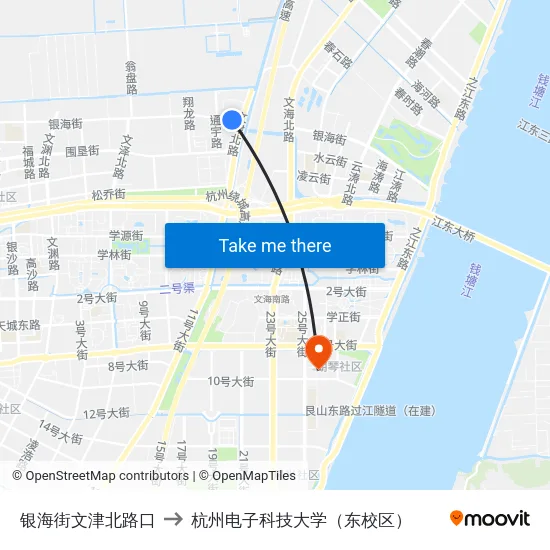 银海街文津北路口 to 杭州电子科技大学（东校区） map