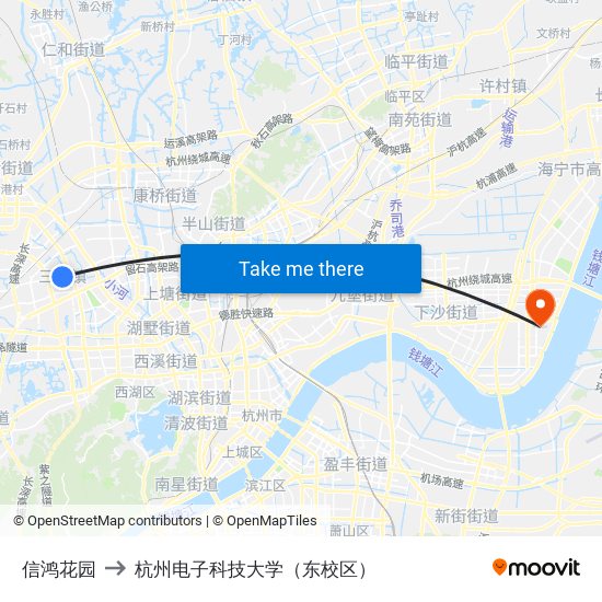 信鸿花园 to 杭州电子科技大学（东校区） map
