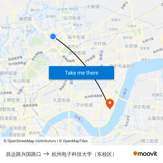 昌达路兴国路口 to 杭州电子科技大学（东校区） map
